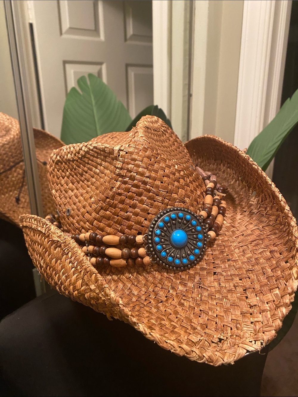 Peter Grimm Brown Straw Cowboy Hat with Turquoise Concho Band